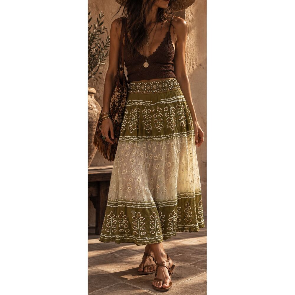 Saks Fifth Avenue 100% Silk Embellished Maxi Skirt India Bandhani Beaded Size M